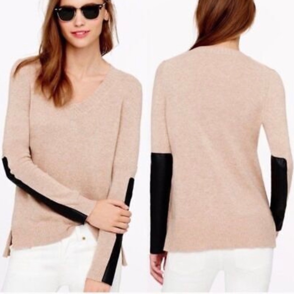 JCrew Cashmere Beige Sweater with Leather Sleeves